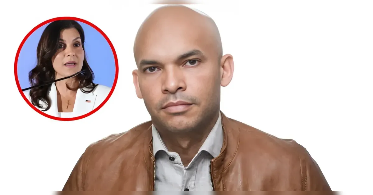 Man in a brown leather jacket with a circular inset of a woman speaking at a microphone against a blue background.