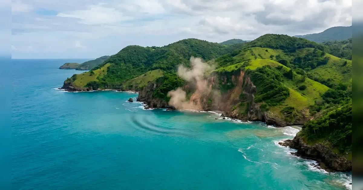 Coastal scene with green hills and rocky cliffs meeting turquoise ocean, a small plume of mist rising from the cliff.