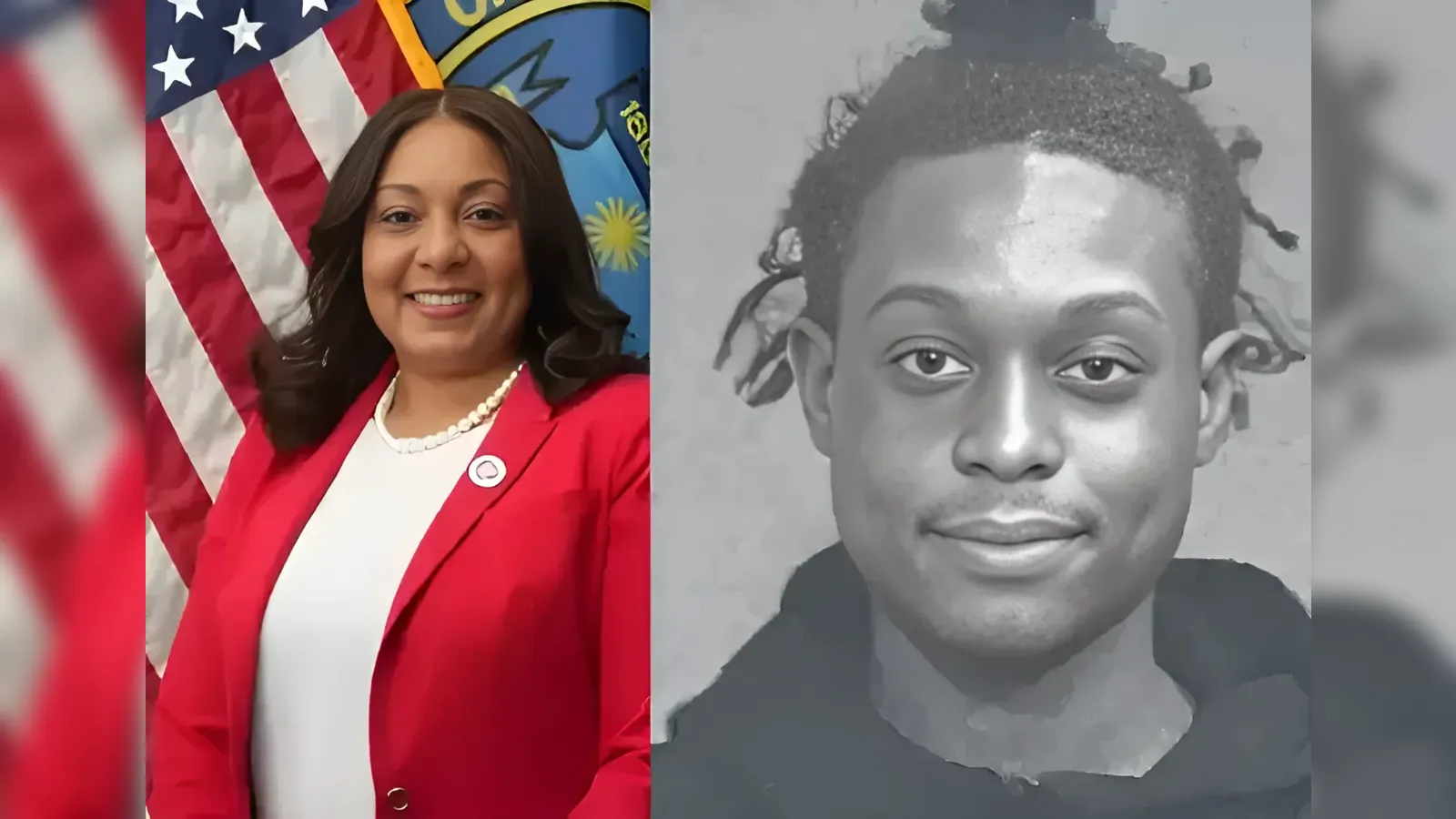 Split image: left shows a smiling woman in a red blazer in front of an American flag; right is a grayscale portrait of a young man.