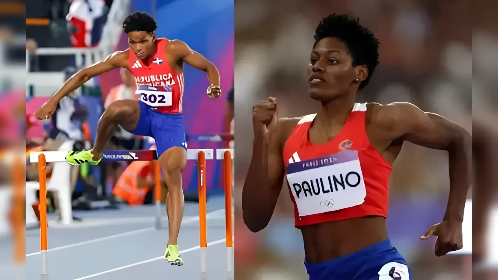 Split-screen of two female track athletes: left mid-jump over orange hurdles in red top and blue shorts (bib 302), right sprinting with 'PRULINO' bib in red top.
