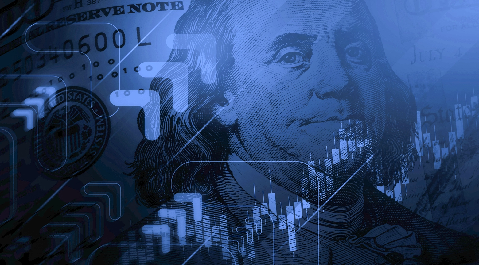 Blue collage of Benjamin Franklin's portrait overlaid with stock charts and digital interfaces, symbolizing fintech.