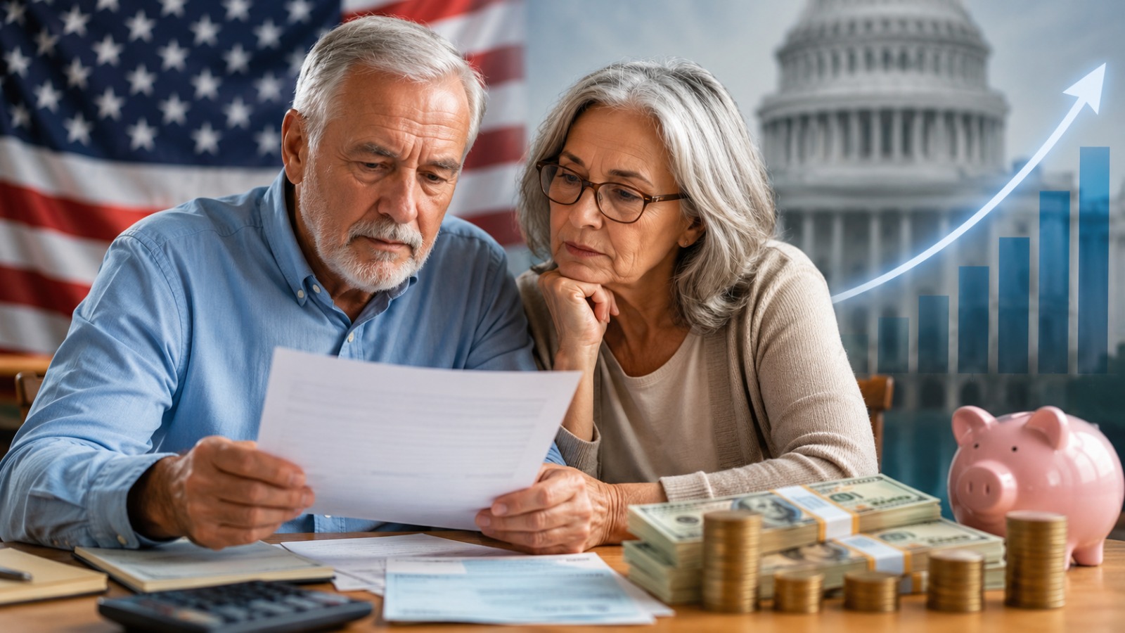 Older couple reviews financial documents with cash, coins, and a piggy bank, US flag and Capitol in the background and an upward trend graph.