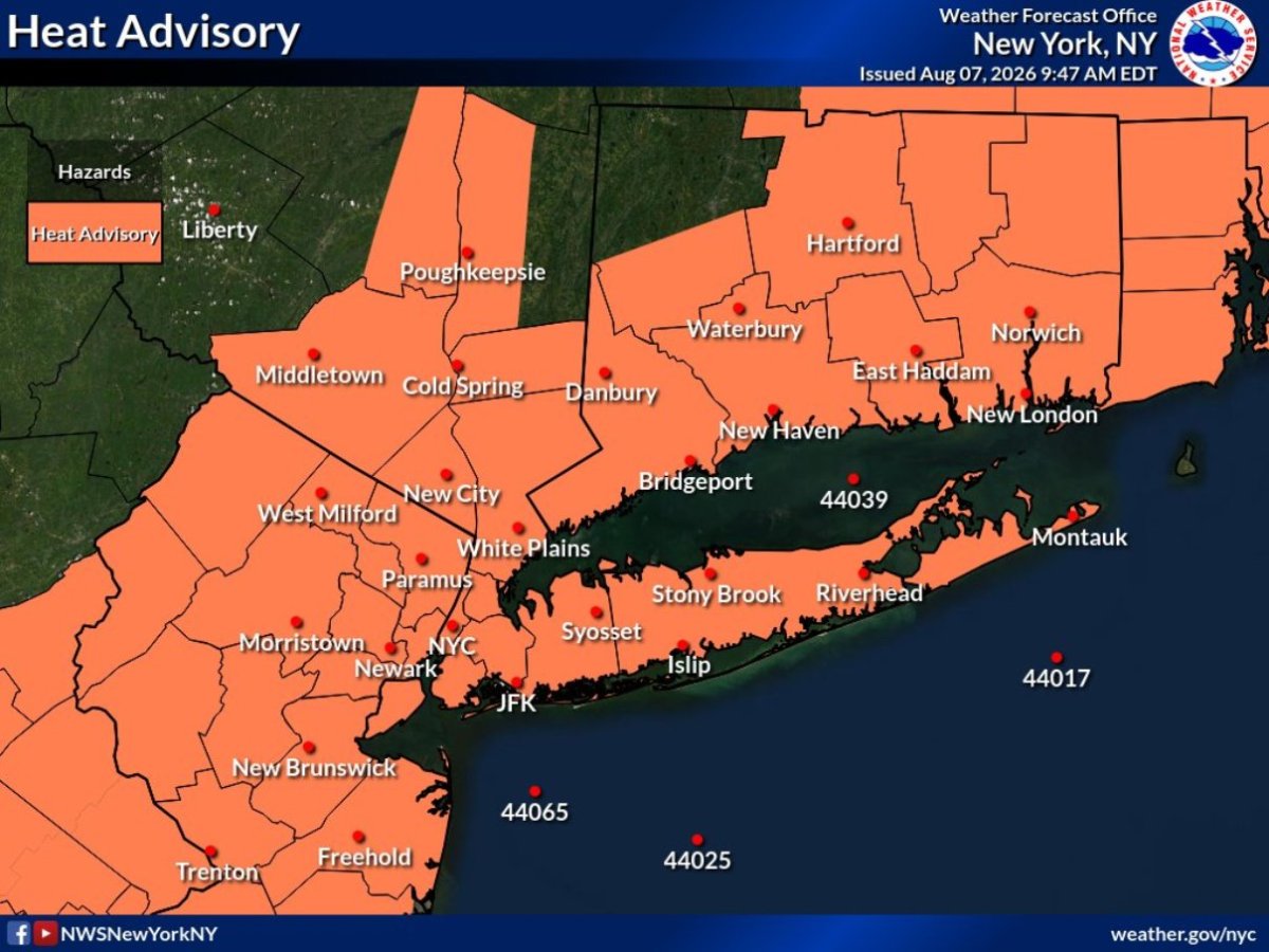 NWS heat advisory map for New York area; orange shading shows advisory area across NYC metro and surroundings with red weather-station markers.