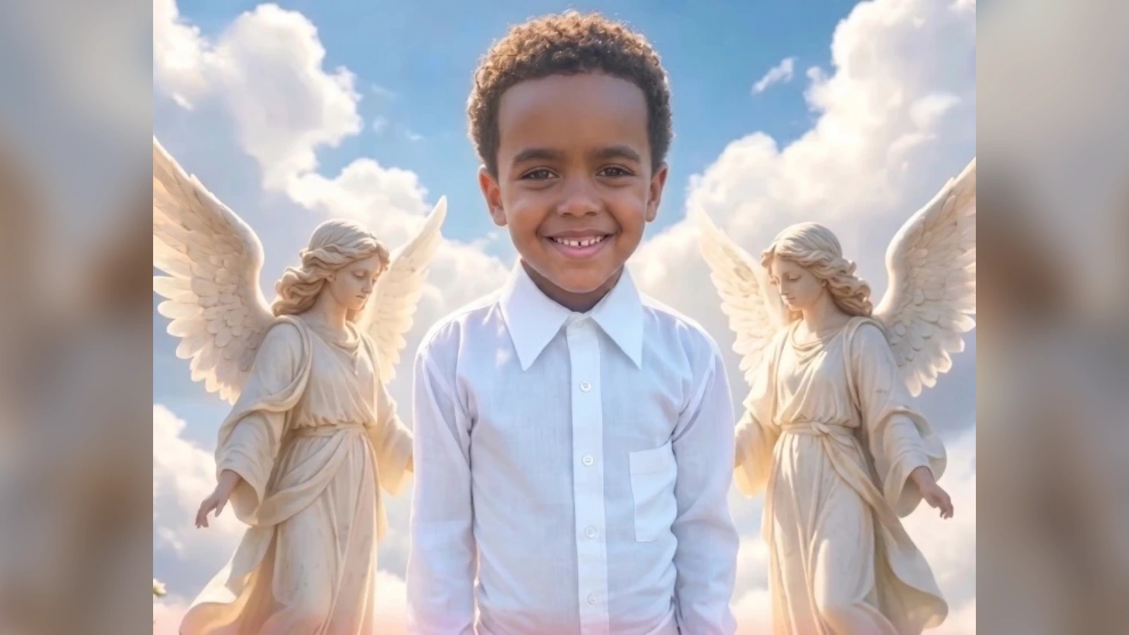 Smiling boy in a white shirt stands among ethereal angel statues with outstretched wings against a cloudy blue sky cloudscape
