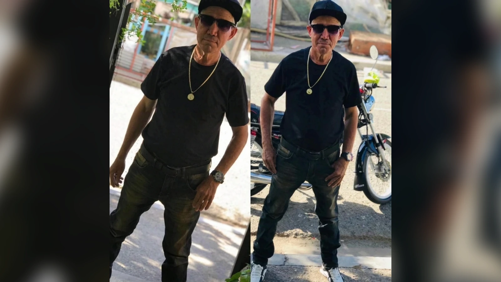 Two men in black T‑shirts and dark jeans with gold chains and sunglasses, posing outdoors near a motorcycle (dual image).