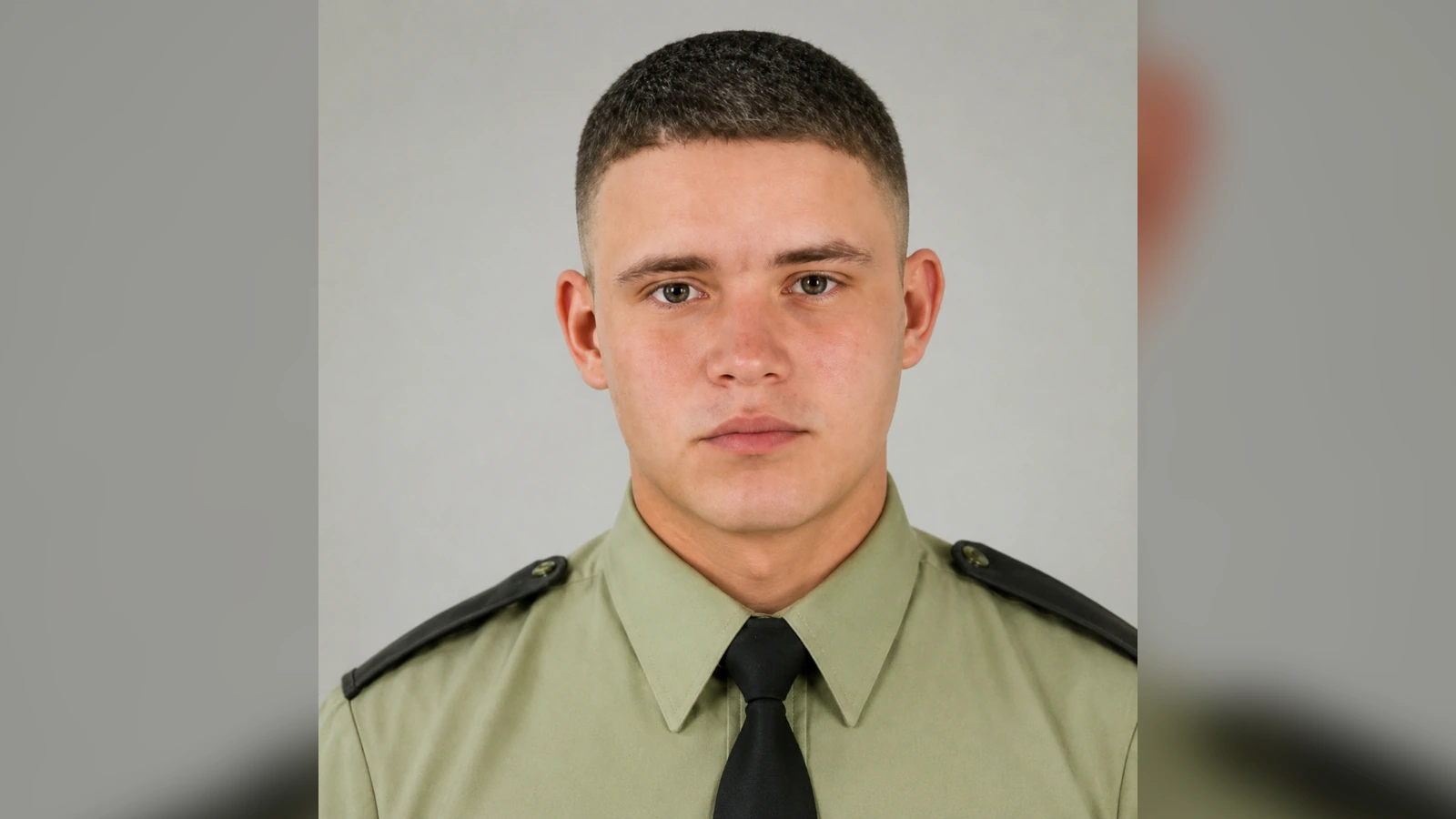 Young man in a khaki military shirt and black tie, facing the camera head-on.