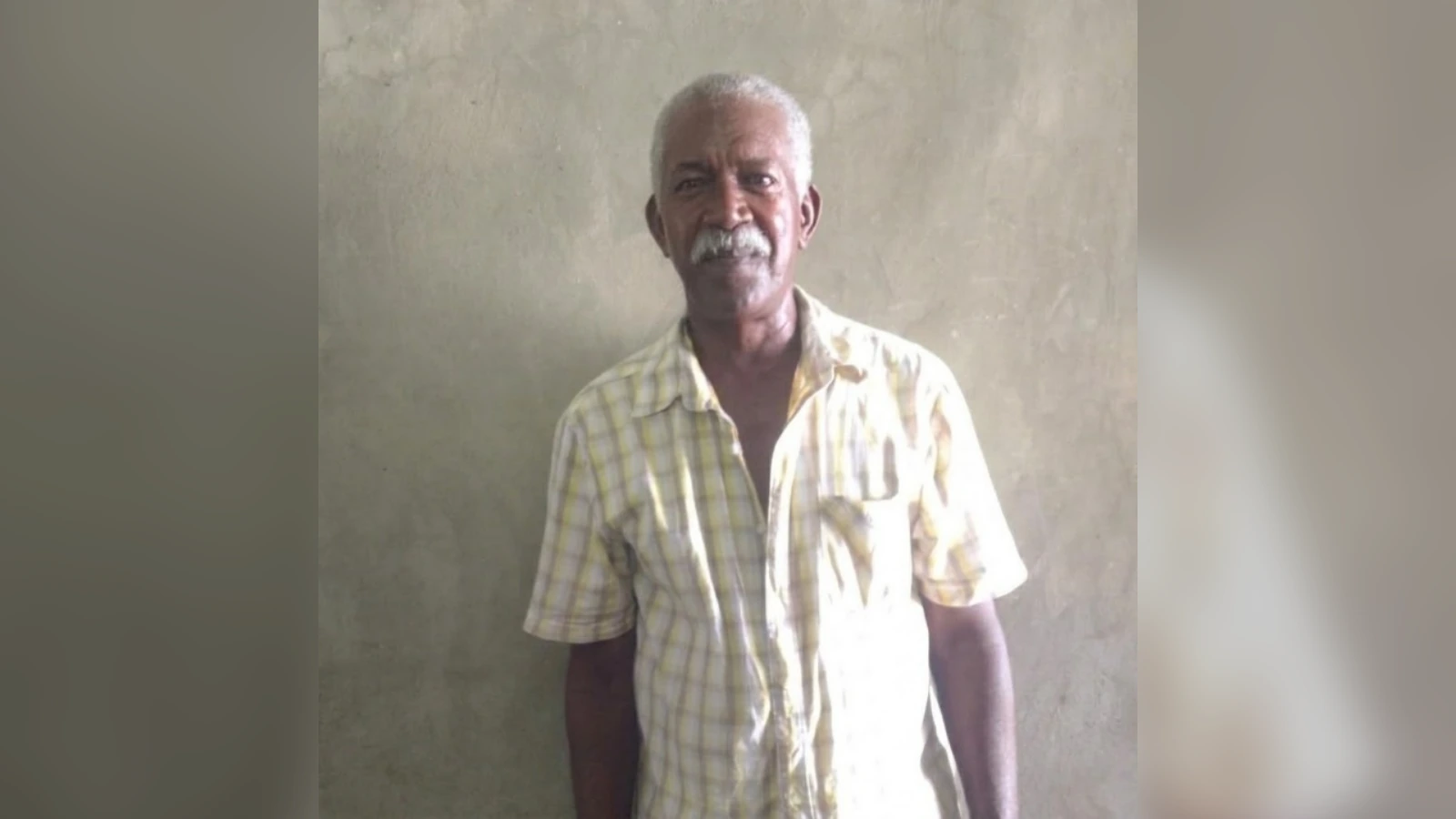 Older man with gray hair and mustache standing against a beige wall, wearing a pale yellow plaid shirt.
