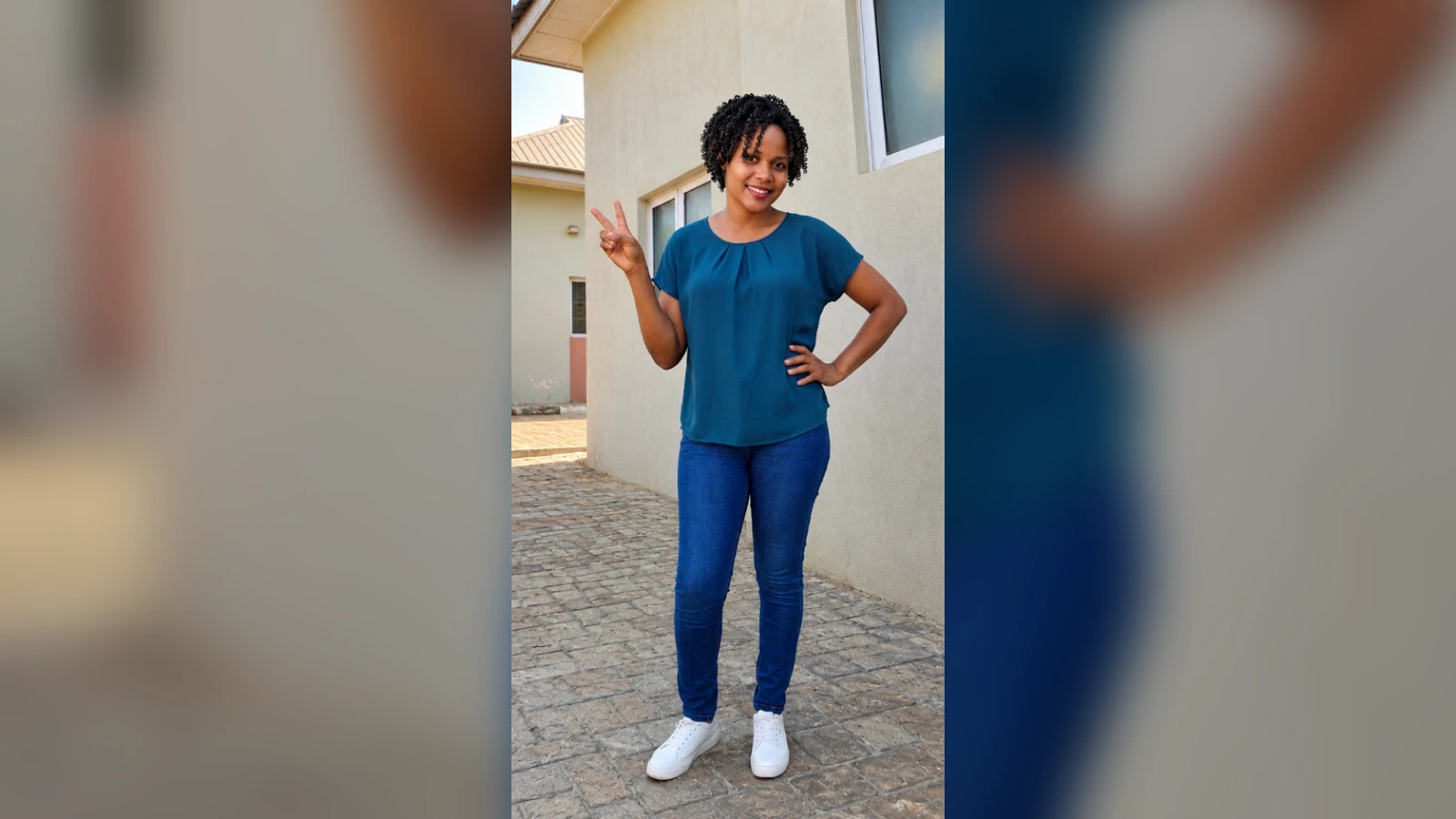 Woman stands outdoors on a brick path, wearing a teal blouse, blue jeans, and white sneakers, smiling and making a peace sign with one hand.