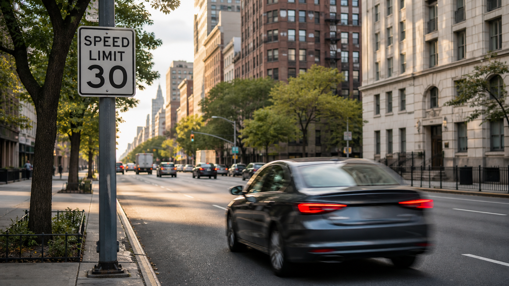 Automóvil circulando junto a una señal de límite de velocidad en Nueva York