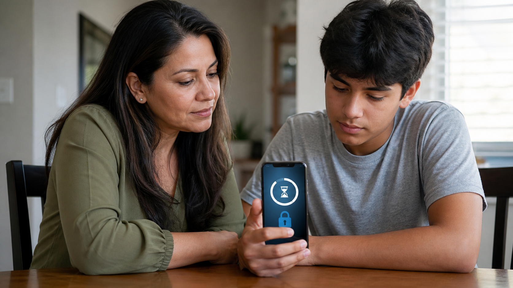 Madre conversa con su hijo adolescente sobre límites de uso del teléfono