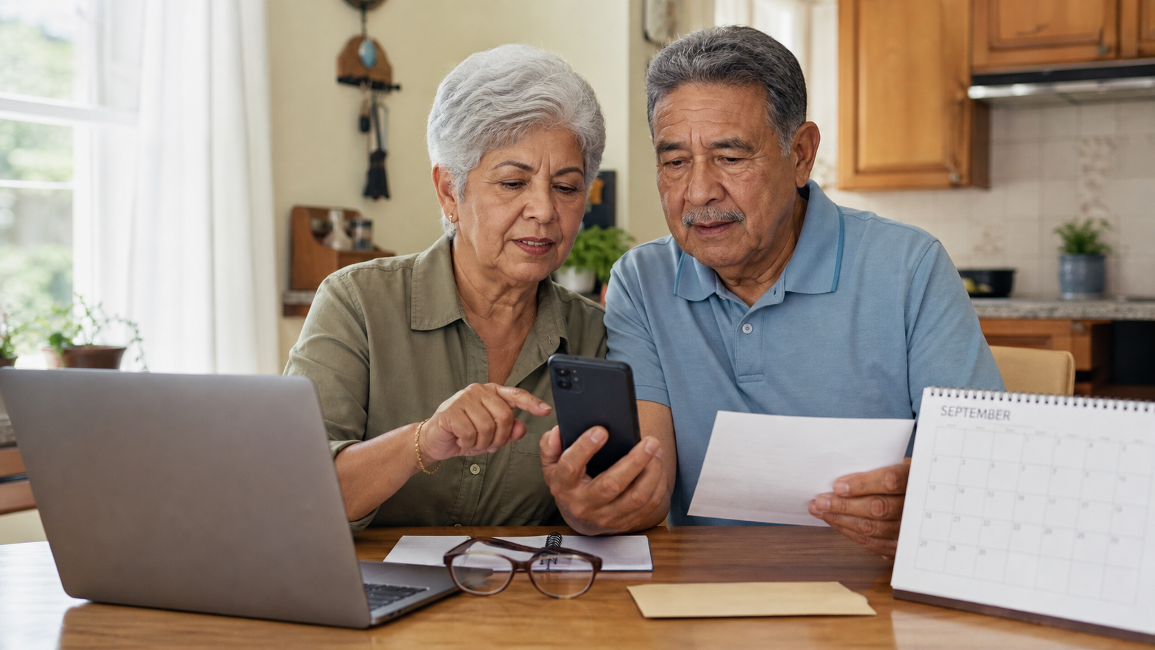 Pareja latina revisa el calendario de pagos de SSI de septiembre de 2026