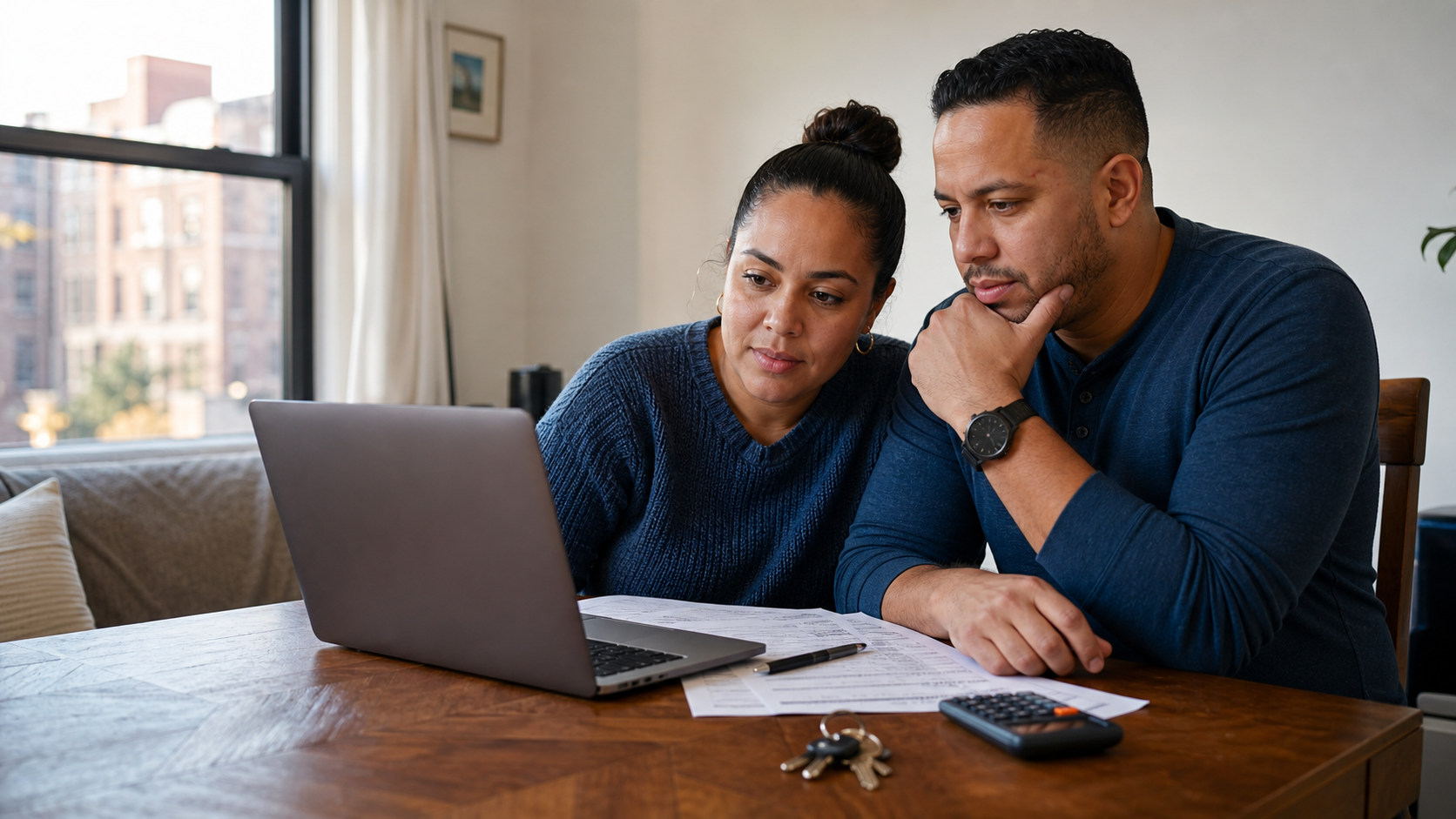 Pareja latina revisa una solicitud de vivienda asequible en Nueva York