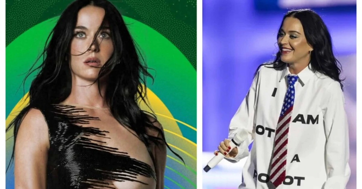 Two-panel image: left shows a woman with long dark hair in a metallic black top against a green-yellow abstract background; right shows a smiling performer in a white shirt and a patriotic striped tie on stage, holding a microphone.