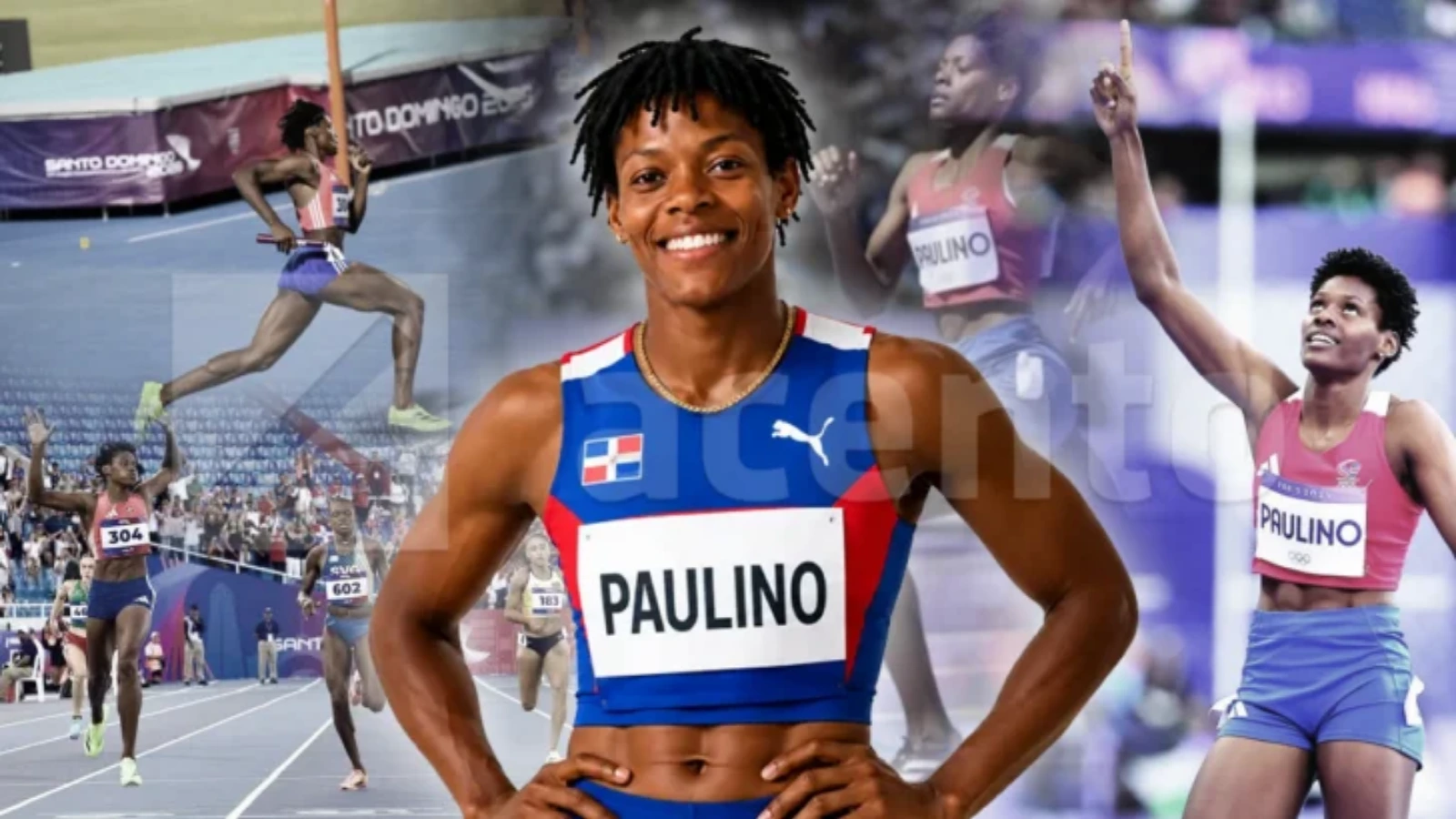 Collage of sprinters on a track, central athlete smiling with hands on hips and PAULINO bib.