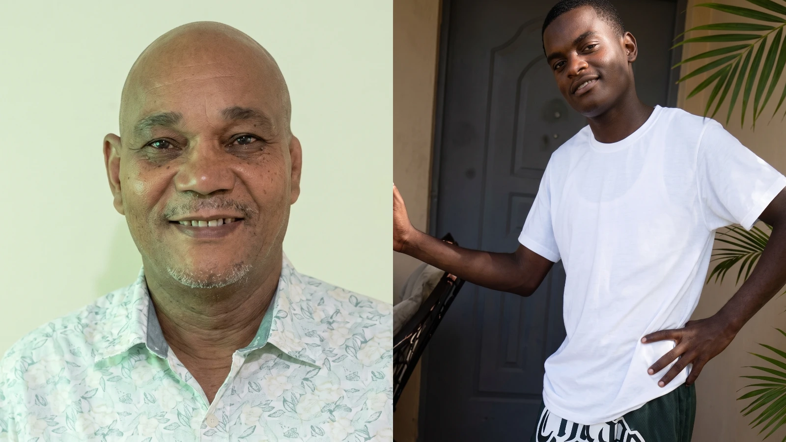 Split image of two men: left is a smiling, bald older man in a light floral shirt; right is a young man in a white T‑shirt at a doorway with plants nearby.