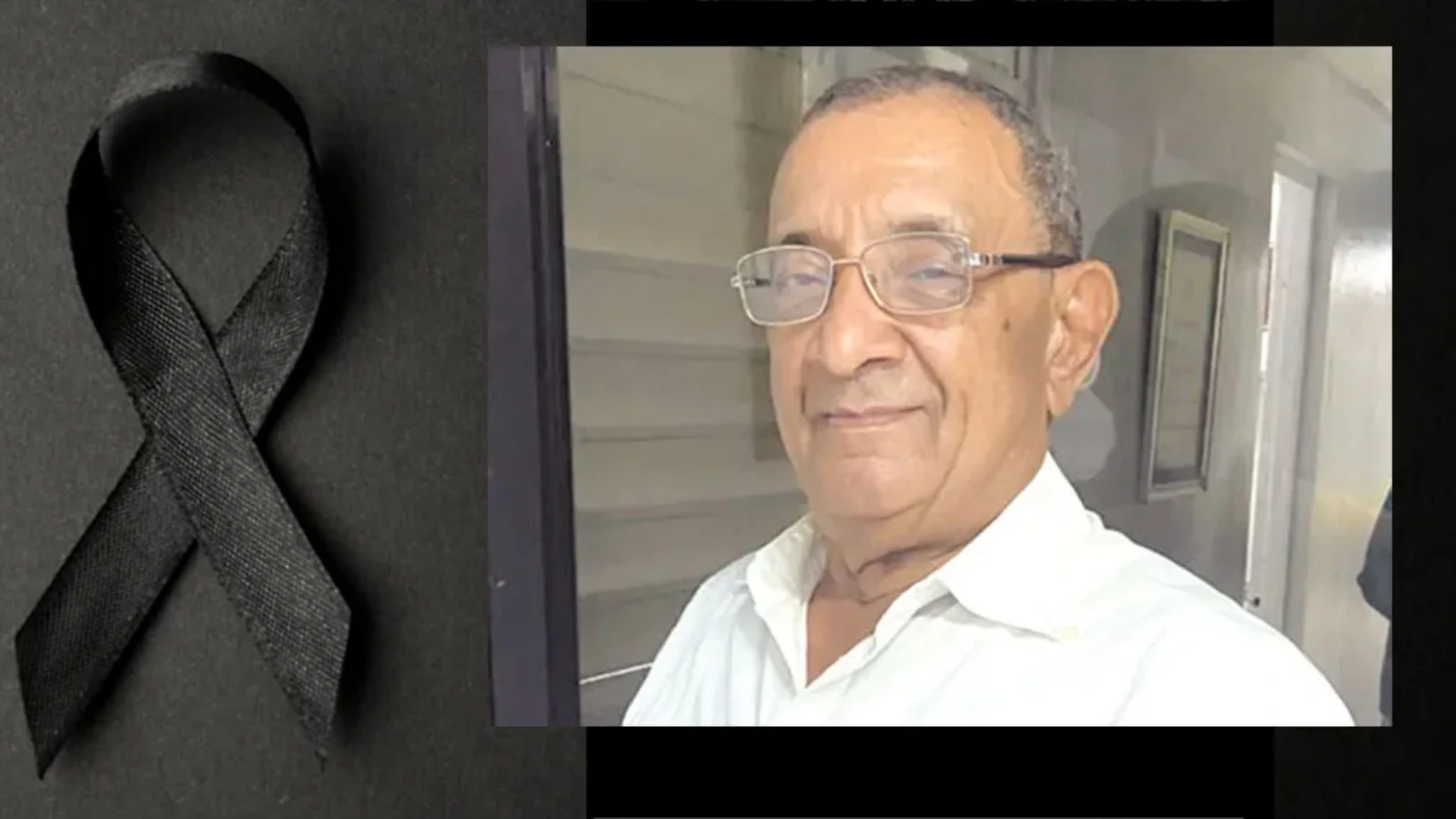 Left side shows a black ribbon symbol, with a photo of a smiling older man in a white shirt and glasses on the right, standing in a doorway.