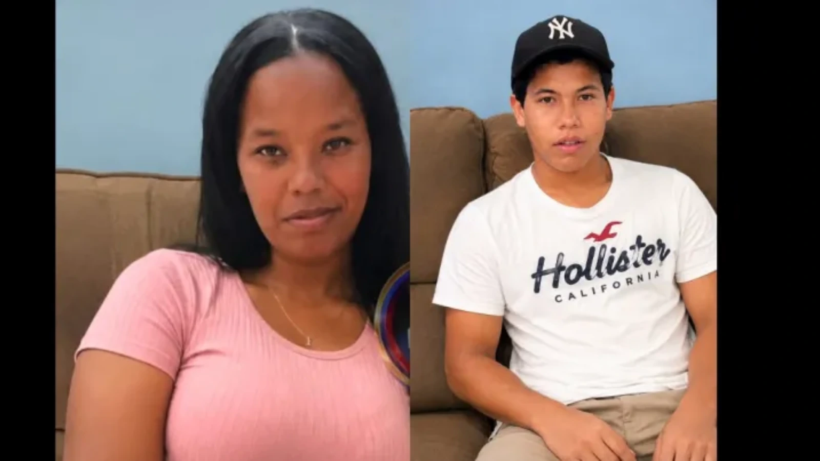 Split-screen of a woman in a pink top and a teenage boy in a white Hollister shirt sitting on a brown couch left and right.