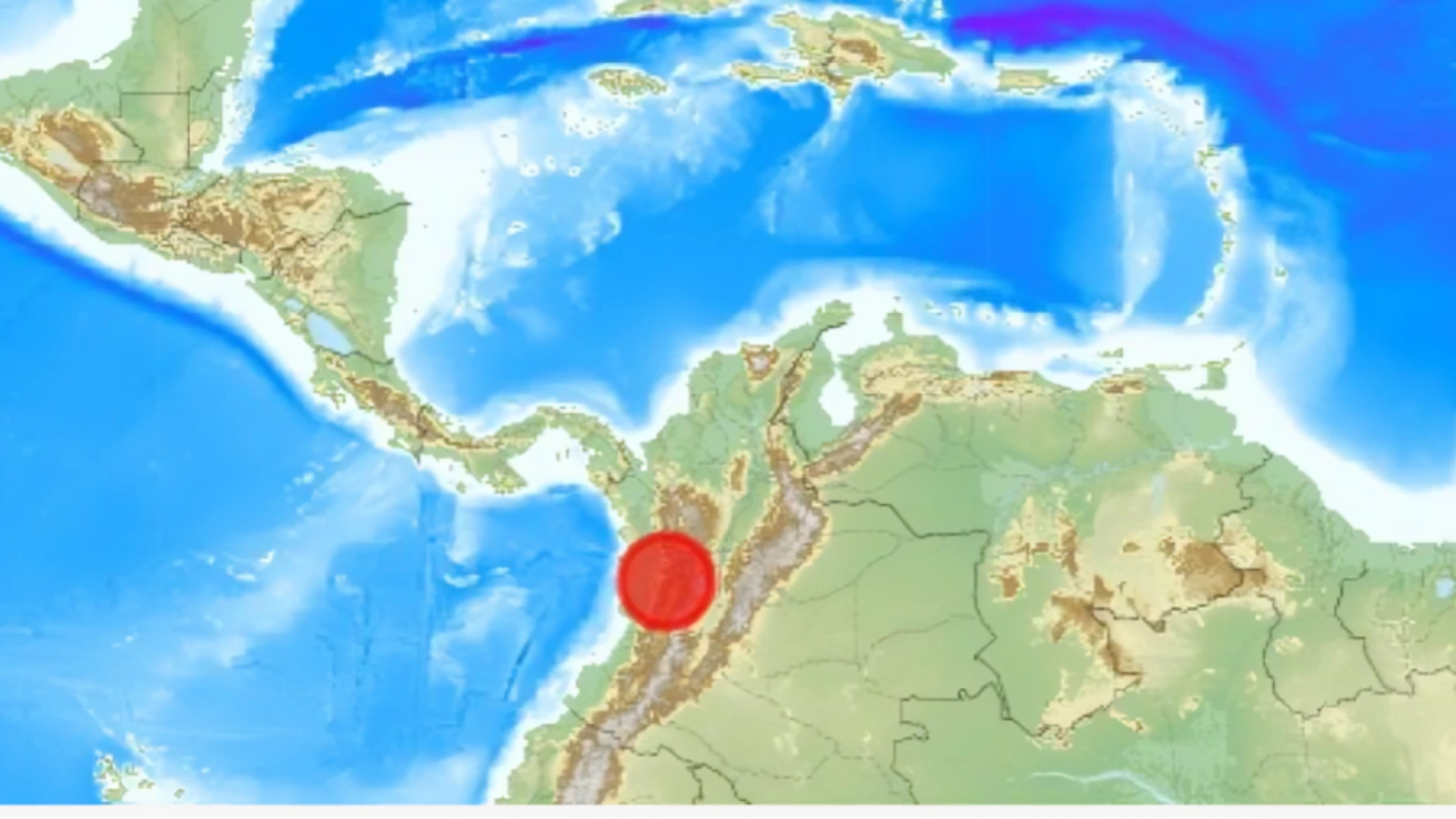 Map of Central and South America with a red circle marking an earthquake epicenter off Colombia's Pacific coast.