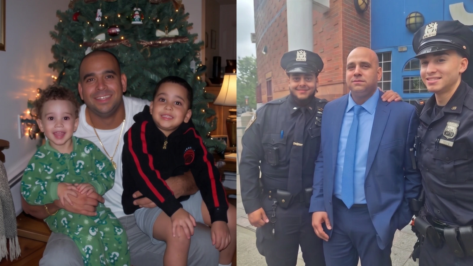 Left: a man sits with two young boys by a Christmas tree indoors, smiling. Right: three people outside—a man in a blue suit flanked by two police officers in uniform.