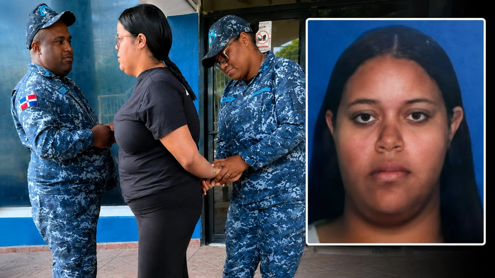 Two uniformed personnel hold a woman's wrists while she stands between them; an inset shows a passport-style headshot of another woman against a blue background.
