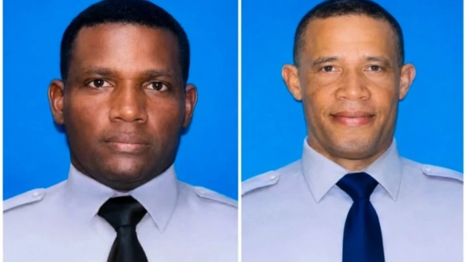 Two uniformed men photographed side by side against a blue background; left wears a black tie, right wears a dark blue tie.