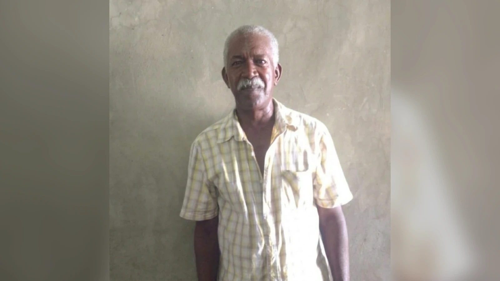 Older man with short gray hair and mustache, wearing a pale yellow plaid shirt, standing against a plain wall with arms at his sides.