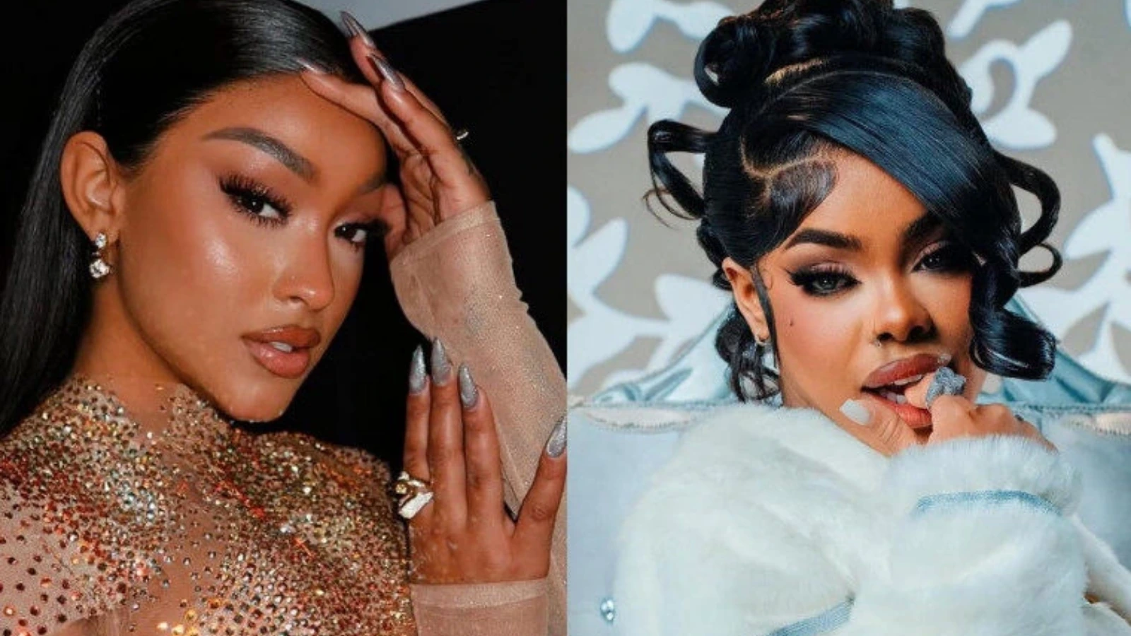 Split image of two glamorous women posing; left in a glittery dress with sparkling makeup and long nails, right in a white fur coat with an elaborate hairstyle.