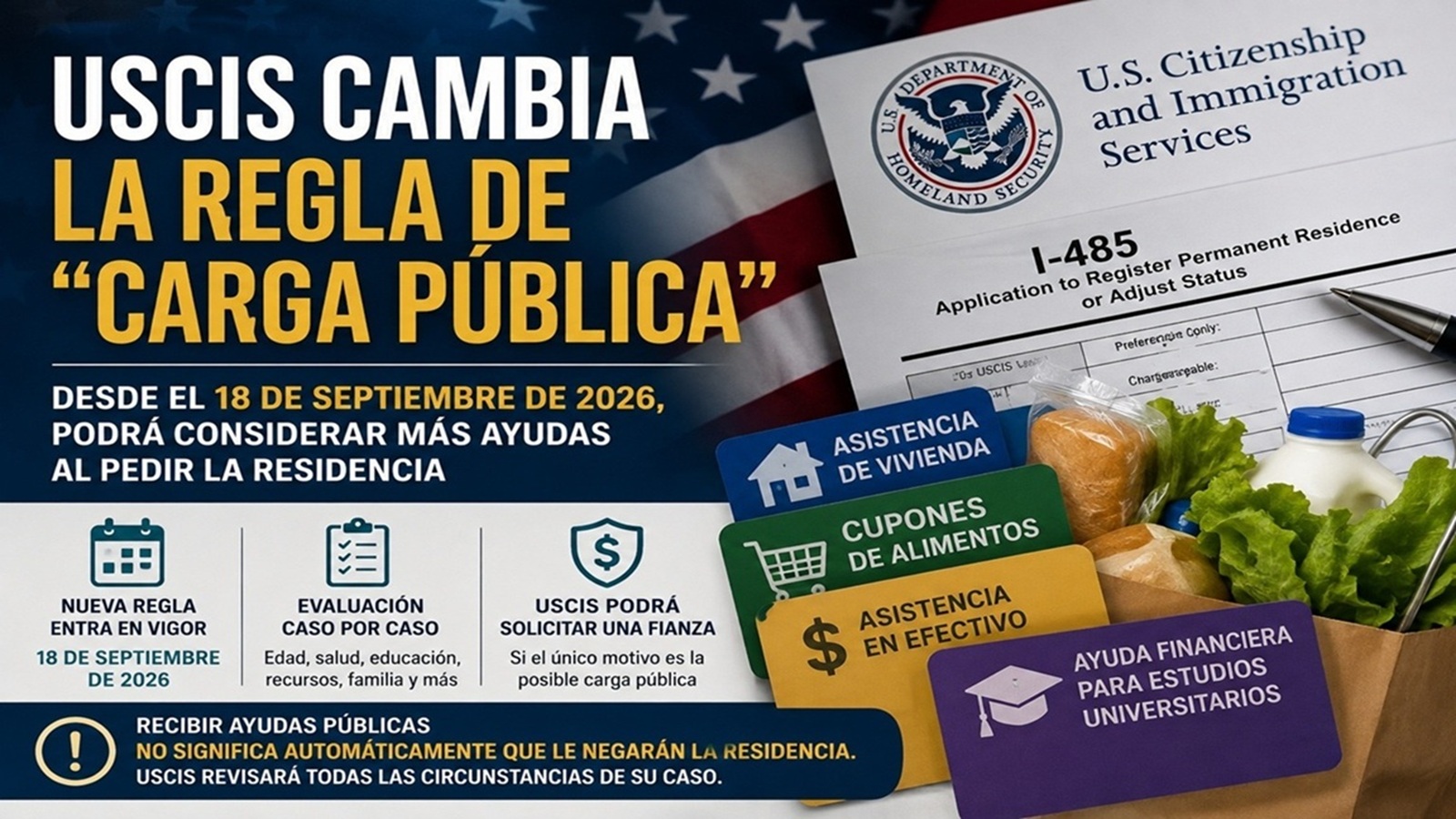 Spanish USCIS poster informing about the public charge rule, with I-485 form and aid cards in the foreground against a US flag backdrop.